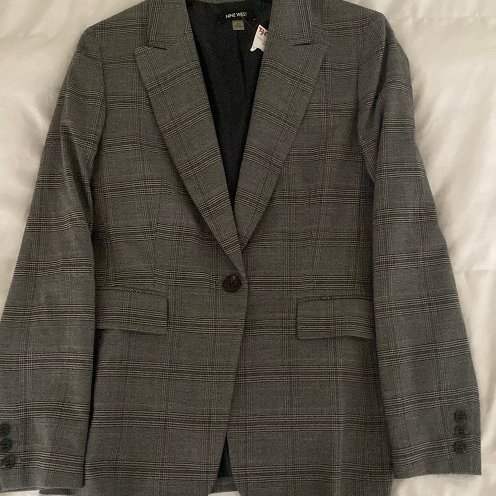 Nine West Gray red lines Houndstooth Front Pockets Lined Blazer Sz 10